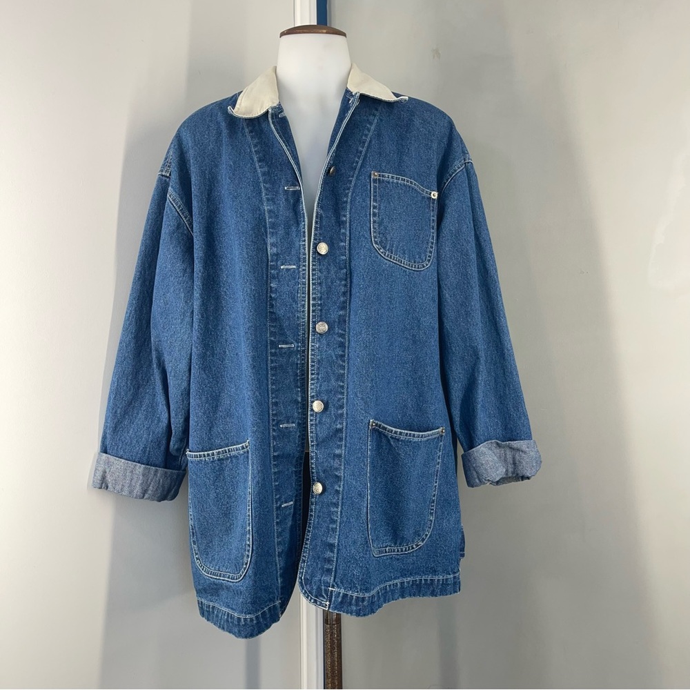 Van Heuser Chore Blue Denim Jacket with White Collar Women Size M